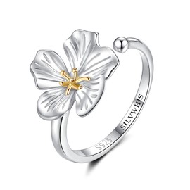 SILVWHIS 925 Sterling Silver Flower Ring Adjustable Thumb Rings for Women, Metal, Cubic Zirconia