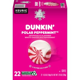 Dunkin Donuts Limited Edition Holiday Coffee K Cups - Polar Peppermint -1 Box of 22 Seasonal Kcup Pods For Keurig Coffee Makers