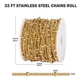 [33 FT] 18K Gold PVD Plated Satellite Chain Roll for Jewelry Making, 2mm 304 Stainless Steel Satellite Ball Beaded Curb Link Chains Bulk Spool for DIY Craft Jewelry Making