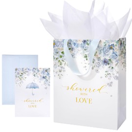 Crisky 13" Large Blue Floral Gift Bag (Showered with Love) with Cards & Tissue Paper for Wedding, Bridal Shower, Engagement Party Favor