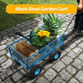 VIVOHOME VIVOHOME Heavy Duty 880 Lbs Capacity Mesh Steel Garden Cart Folding Utility Wagon with Removable Sides and 4.10/3.50-4" Wheels 10 inch Tire (Blue)