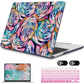 Mektron Compatible with M4 MacBook Air 15 inch Case 2025 A3241 2024 2023 M3 A3114 A2941 M2 Liquid Retina Display Touch ID, Plastic Hard Case & Keyboard Skin & Screen Protector - Roses Succulents