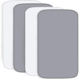 Travel Cot Sheets 95x65cm Fitted, 4 Pack Ultra Soft & Breathable Travel Cot Mattress Sheets, Baby Bedside Crib Sheets, Grey & White