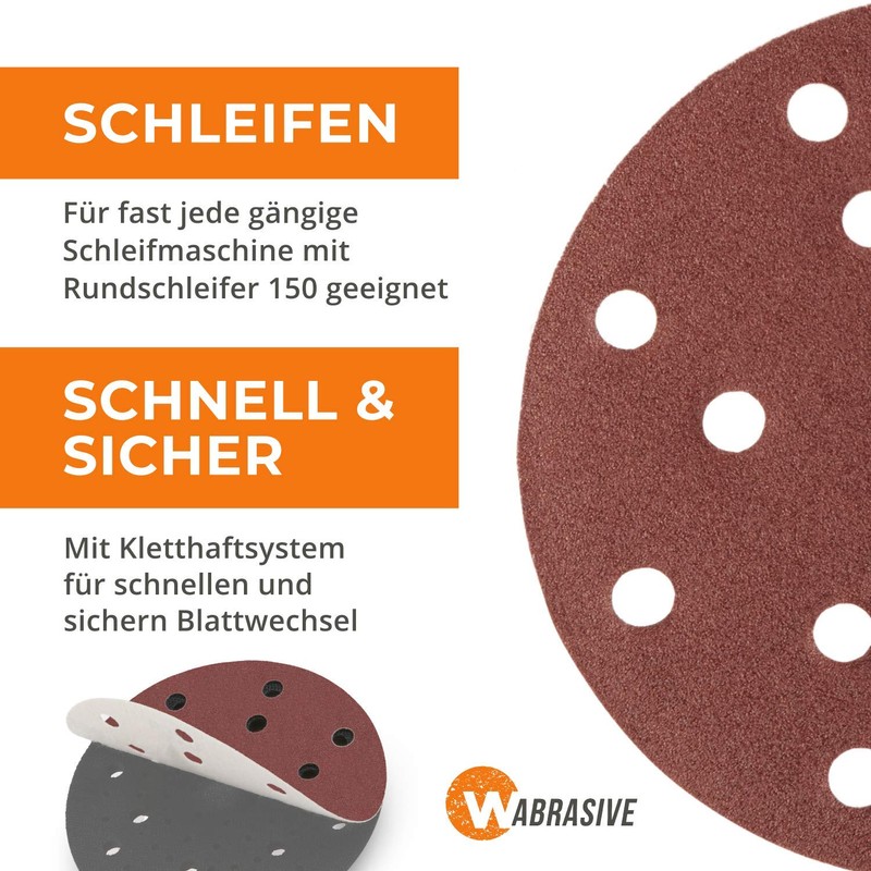 Velcro Sandpaper 150 mm Diameter, Sanding Discs-Velcro, Eccentric Grinder, 15