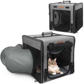 PETUX Cat Travel Carrier with Little Box, Various DIY Methods Large Cat Carrier, Cat Carrier Soft with Tunnel Tube-with Flannel Cushion, Hammock, Protable Tote (Grey)