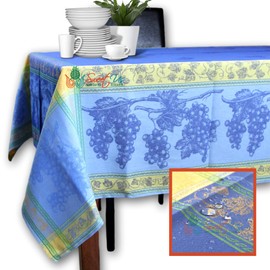 Mantel lavable resistente a derrames con revestimiento de teflón floral de algodón provenzal francés jacquard para mesas rectangulares, castillo, azul, 63 x 78 pulgadas