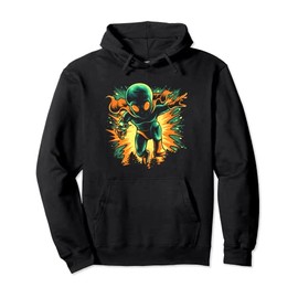 Retro Martian Alien Running with Ray Gun Pullover Hoodie
