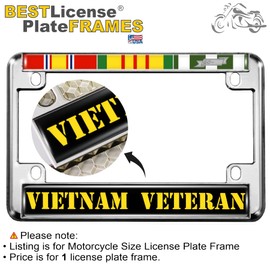 Motorcycle Metal License Plate Frame with Vietnam Veteran 3 Service Ribbons - National Defense Ribbon, Vietnam War Service Ribbon, Republic of Vietnam Service Ribbon Design - Chrome