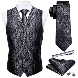 Barry.Wang Mens Silk Lapel/Shawl Collar Vest Tie Sleeve Holder Set Formal/Casual Paisley Vests Wedding Tuxedo Waistcoat