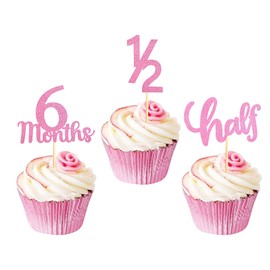 Blumomon 24Pcs Pink Glitter 6 Months 1/2 Birthday Cupcake Toppers Half Year Birthday Food Picks for Baby Shower Party Decorations