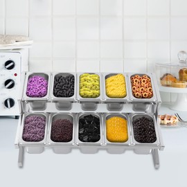 SNKOURIN Expandable Spice Rack, 2-Tier Stainless Steel Organizer Shelf with Pans Ladles Lids, Countertop Holder for Sauce Ingredients Fruits, for Kitchen Use (10 x 1/9 Pans)