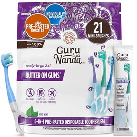 GuruNanda cepillo para polvo de dientes desechable 6 en 1 listo para usar, mantequilla prepegada en las encías, cerdas Softex, hilo dental y palillo, limpiador de lengua y mejillas, envuelto
