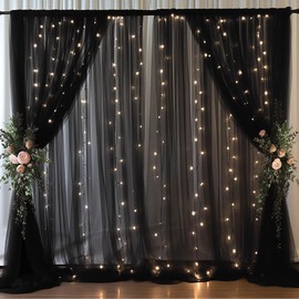 30x8ft Black Tulle Backdrop Curtain with Lights String for Parites, Sheer Backdrop Curtains for Wedding Baby Shower Birthday Party Photo Shoot Decorations