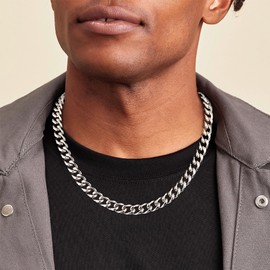 FUNEIA Men's Stainless Steel Curb Chain Necklace Silver Men's Cuban Link Chain Hip-Hop Silver Chain Boys Men's Necklace Jewellery Gift Men Women, Stainless Steel, Abalone