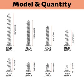 1050 Pcs M2 Screws for Wood Screws Assortment, Small Self Tapping Screws, Countersunk Screws, Flat Head Self-tapping Screws, Cross Assorted Screws Set for Furniture Chipboard Woodworking Screws