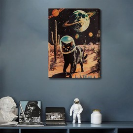 Ijeroain Black Space Cats Wall Art Funny Cat Wall Decor Pictures Cat astronaut painting artwork Cosmic planet Whimsical Print for Boys and Girls Room Bedroom home decoration 12x16in Canvas