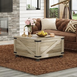 WLIVE Farmhouse Coffee Table with Storage, Square Coffee Table with Flip-Top Lids, Center Table for Living Room, Bedroom, Home Office, Grey Oak