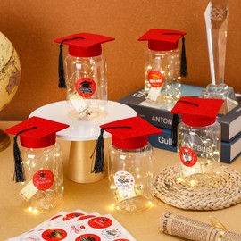 Boao 16 Sets Graduation Table Decoration Set with LED Light up Graduation Decorations for Class of 2026, Grad Jar, Felt Grad Hat and Stickers for High School College(Red)
