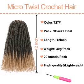 Mscat 12 Inch 9 Packs Micro Twist Crochet Hair Bob Crochet Braids Pre Looped Ombre Mini Passion Twist Mini Senegalese Twist Crochet Hair Pre-Looped Hair Micro Braids Crochet Hair Extensions T27#
