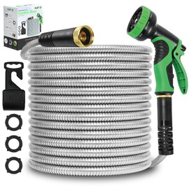 KUFFO Metal Garden Hose 100 ft - Heavy Duty Stainless Steel Water Hose with 9 Function Nozzle - Flexible, Lightweight, Puncture-Resistant, No-Kink Outdoor Metal Hose for Yard, Gardening, Patio, RV
