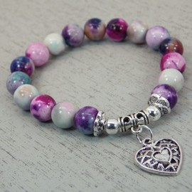 Very nice bracelet Thurcolas in Jade beads tinted in blue and purple with a silvered filigree heart shaped pendant