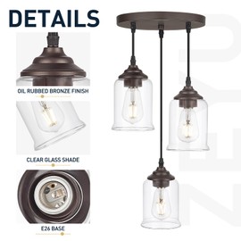 zeyu 3-Light Cluster Pendant Light, Farmhouse Hanging Lights for Kitchen, Oil Rubbed Bronze Pendant Light Fixtures Adjustable with Clear Glass Shade, ZSL104-3 ORB