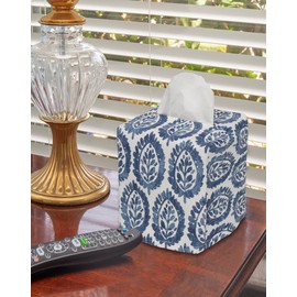 Fabric Tissue Box Cover, Tissue Holder Slipcover, Slips Over Square Cube Cardboard Facial Tissue Boxes -Decorative Blue Blockprint Cotton Fabric, Made in USA