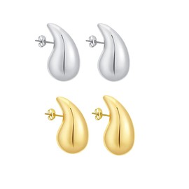 MXDHOKY 2 Pieces Thick Hoop Earrings for Women, Chunky Earrings, Drop Earrings, Lightweight Waterdrop Hollow Open Hoops, Hypoallergenic Earrings Fashion Jewellery for Women and Girls (Gold + Silver),