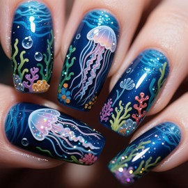 24Pcs Summer Press on Nails Medium Square Fake Nails with Jellyfish Coral Seaweed Design Blue Ocean Full Cover Glue on Nails Cute False Nails Glossy Stick on Nails for Women DIY Manicure