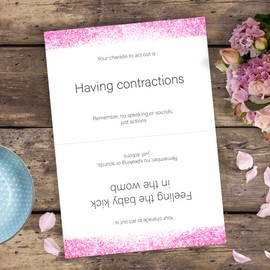 Olivia Samuel Baby Shower Charades - Pink Glitter Effect Design (Includes 38 Charade cards and How to Play Instructions + Winner Certificate)