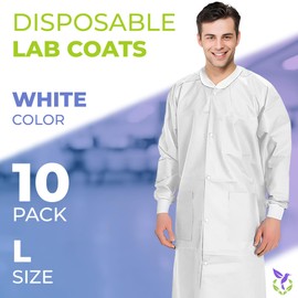 AMZ Medical Supply Disposable Lab Coats for Adults, Large. Pack of 10 White SMS Knee Length Lab Coat Disposable. 50 GSM Disposable Coats Medical. Painting Lab Coat with Cuffs, Collar, 3 Pockets