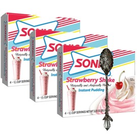 Sønic Strawberry Shake Instant Pudding Mix (3-Pack, 3.03 oz Boxes) with Candy Freezer Gem Spoon (Strawberry Shake) – Creamy Dessert Treat – Gem Spoon