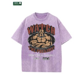 US Retro Washed Cotton T Shirt Men | Vintage Wash Effect | Festival Gift | Casual Street Match | Soft FabricColor: Purple, Size: L