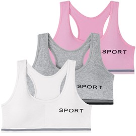 EDS Service Teen Girls Bra, Kids Crop Top Bra, Girls Training Bra with Removable Pad, Cotton Sports Vest for Age 8-14 Years 3 Pack