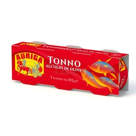 Tonno Auriga all'olio di oliva 105gr. Confezione da 3 lattine. Qualità pinne gialle. Fonte di proteine. Senza conservanti.