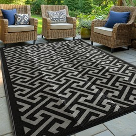Waterproof Outdoor Rug 5x8 ft, Reversible Plastic Straw Rug, Easy to Clean Patio Rug, Portable Carpet for Patio, RV, Deck, Balcony, Backyard, Picnic, Beach, I-Shaped, Black