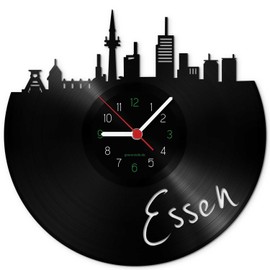 GRAVURZEILE Vinyl Record Clock - Skyline Essen - Wall Clock Made of Cast Vinyl with City Skyline 30 cm - Upcycling Design Clock Wall Decoration Vintage Wall Decoration Retro Clock - Made in Germany