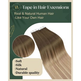 Ugeat Ombre Brown Tape in Human Hair Extensions Brown to Caramel Blonde with Platinum Blonde Extensions Real Human Hair Tape in Seamless 20 Inch 50G 20Pcs