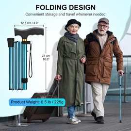 supregear Folding Cane, Lightweight 5-Level Height Adjustable Walking Stick with Wrist Strap and T Handle Travel Cane for Elderly Disabled Men Women Balancing Mobility Aid Portable Cane, Blue