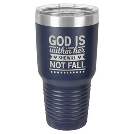 GOD IS WITHIN HER SHE WILL NOT FALL Navy 30 oz Tumbler With Straw and Slide Top Lid | Stainless Steel Travel Mug | Compare To Yeti Rambler