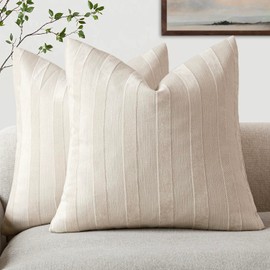 Foindtower Set of 2 Decorative Striped Chenille Throw Pillow Covers Luxury Accent Cushion Covers Soft Farmhouse Pillowcase for Bed Couch Sofa Bedroom Living Room Home Decor 20×20 Inch Natural Ivory
