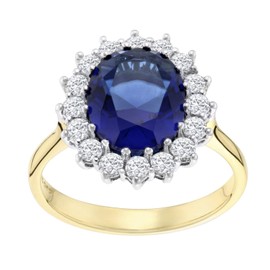 Old English Jewellers 9ct Yellow Gold on Silver Blue Sapphire Lady Diana Cluster Ring - sizes J - V (J)