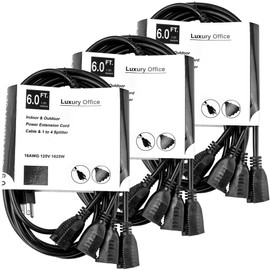 4 Way Power Splitter - 1 to 4 Extension Cord Splitter, 6' Long Extension Cord, Outlet Splitter 3 Prong, Power Strip Outlet Plug, Y Style Extension Cord, Black, SJT 16 AWG by Luxury Office