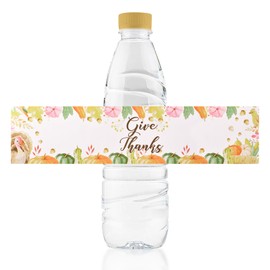 URROMA 50pcs Give Thanks Water Bottle Labels, Happy Thanksgiving Day Self Adhesive Stickers Wrappers Wrap Around Party Decoration Stickers