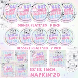 TEMYAXU 10th Birthday Decorations for Girl Tableware, 60 Pcs Peace Out Single Digits Party Decor Plates, Iridescent Double Digits Birthday Girl 10th Birthday Plates for 10th Birthday