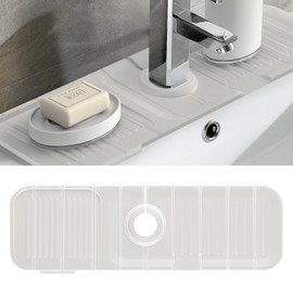Kitchen Sink Splash Guard 17.7"X5.5", Toovem Faucet Handle Drip Catcher Tray, Longer Silicone Sink Faucet Mat, Dish Soap Sponge Holder for Kitchen, Bathroom, Farmhouse, Bar Rv, Translucent