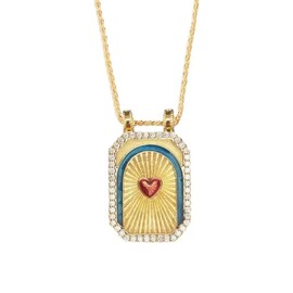 UniLogue Art Retro Tarot Card Square Card 14K Gold Plated Brass Necklace Sun Moon Eight-pointed Star Love Heart Clover Lucky Grass Mushroom Cartoon Chain (Blue Edge Red Heart)