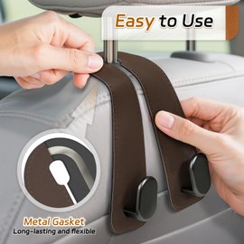 Fitnice Car Seat Headrest Hooks - 2 Pack Universal Car Purse Hook, Leather Car Bag Purse Holder with Double Metal Hooks for Handbags, Grocery Bags, Bottles, Phones