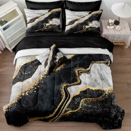 Merryword Black White Marble Comforter Set King Size 8 Pieces Bed in a Bag Gold Metallic Marble Design Bedding with 1 Comforter, 4 Pillowcases, 1 Flat Sheet, 1 Fitted Sheet, 1 Cushion Cover