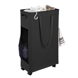 75L Foldable Laundry Basket with Wheels -Slim Laundry Clothes Sorters Space-Saving Hamper for Dorm, Corner - Black